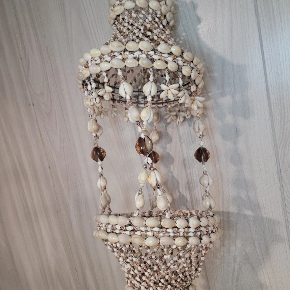 Handmade Vintage Cowrie Shell Hippie Bohemian Swag Plant Hanger White Brown